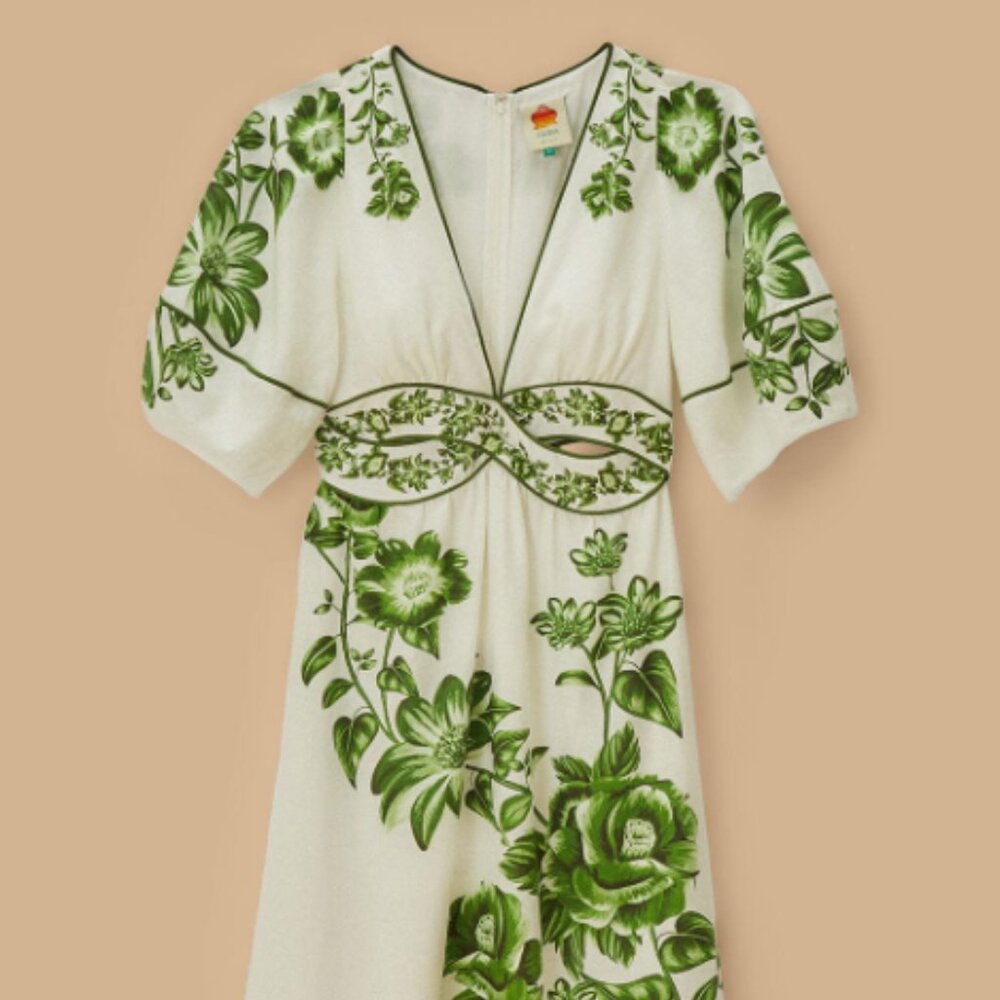 Farm Rio Off-White Green Floral Cascade Midi Dress - Picture 2 of 7